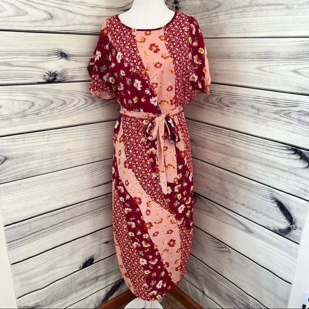 DOWNEAST Pink & Red Patchwork Floral Patterned Short Sleeve Dress Size XS